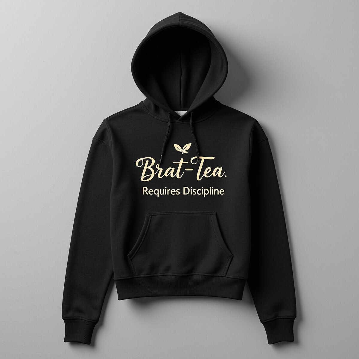Model in the cream BRAT-TEA sweatshirt under an open black zip hoodie, seated by teaware and calligraphy.