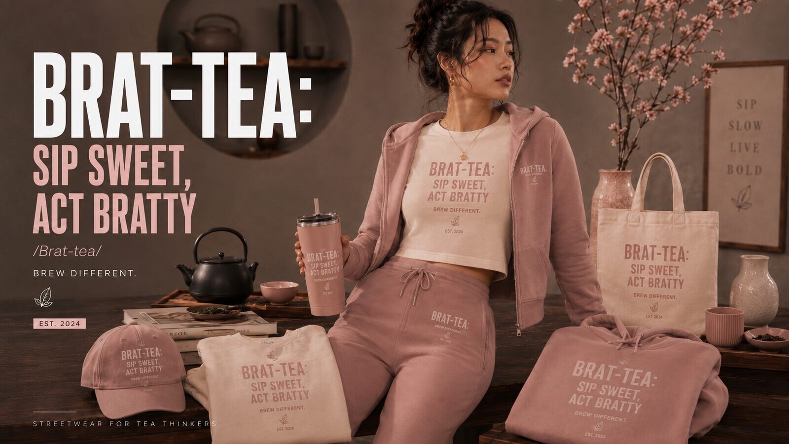 A model in a mauve BRAT-TEA zip-up hoodie and sweatpants sits surrounded by branded tote bags, a pink cap, tumblers and a black teapot in a warm, cozy interior.