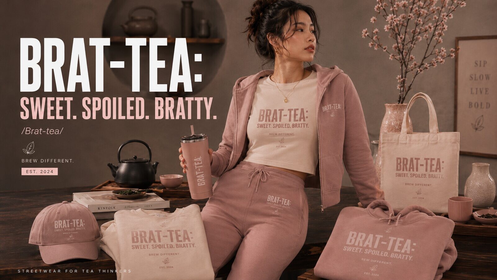 Model in the dusty-pink zip-up hoodie and matching sweatpants set, holding a pink tumbler, surrounded by branded merch.