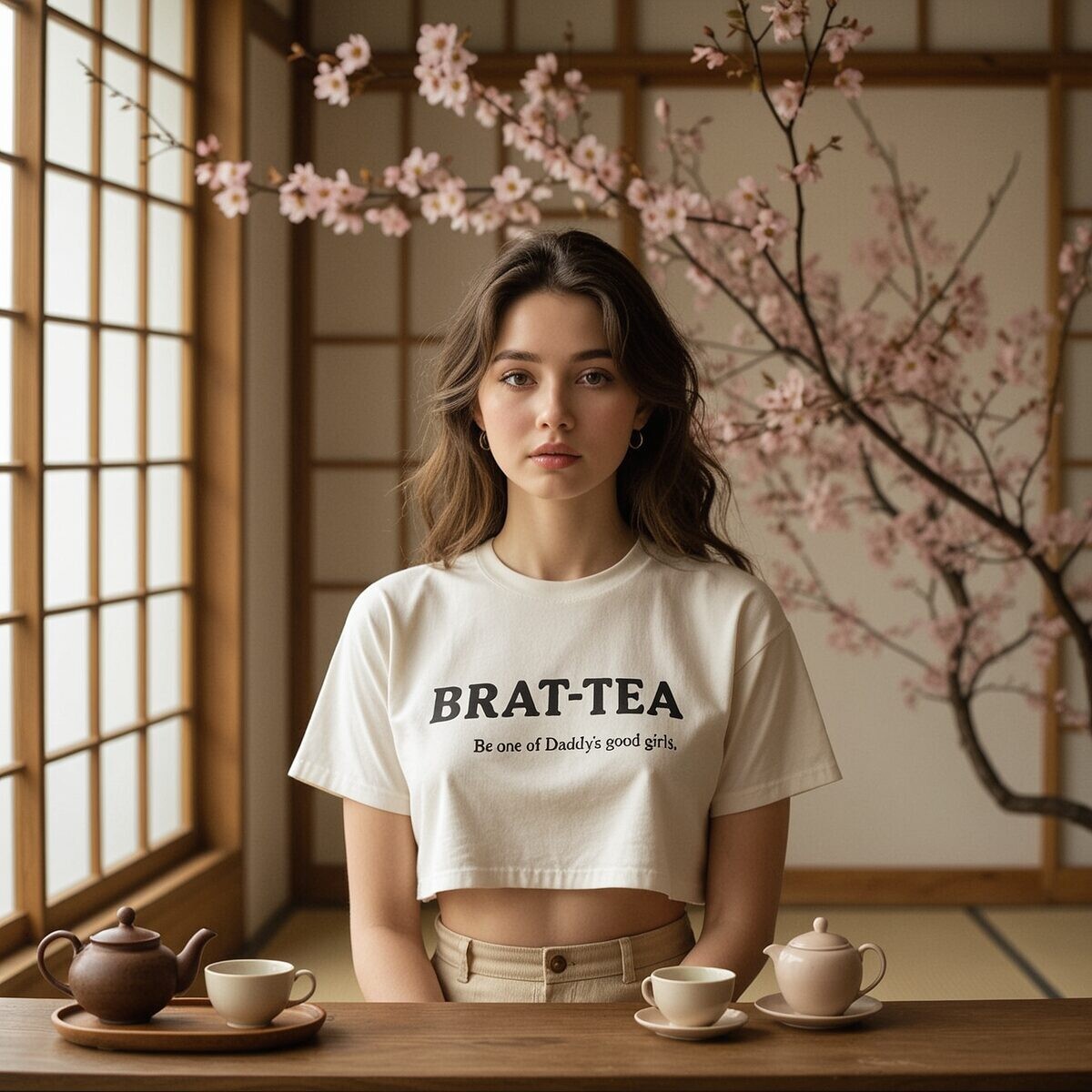 BRAT-TEA tee and accessory flat-lay in cream and pink.