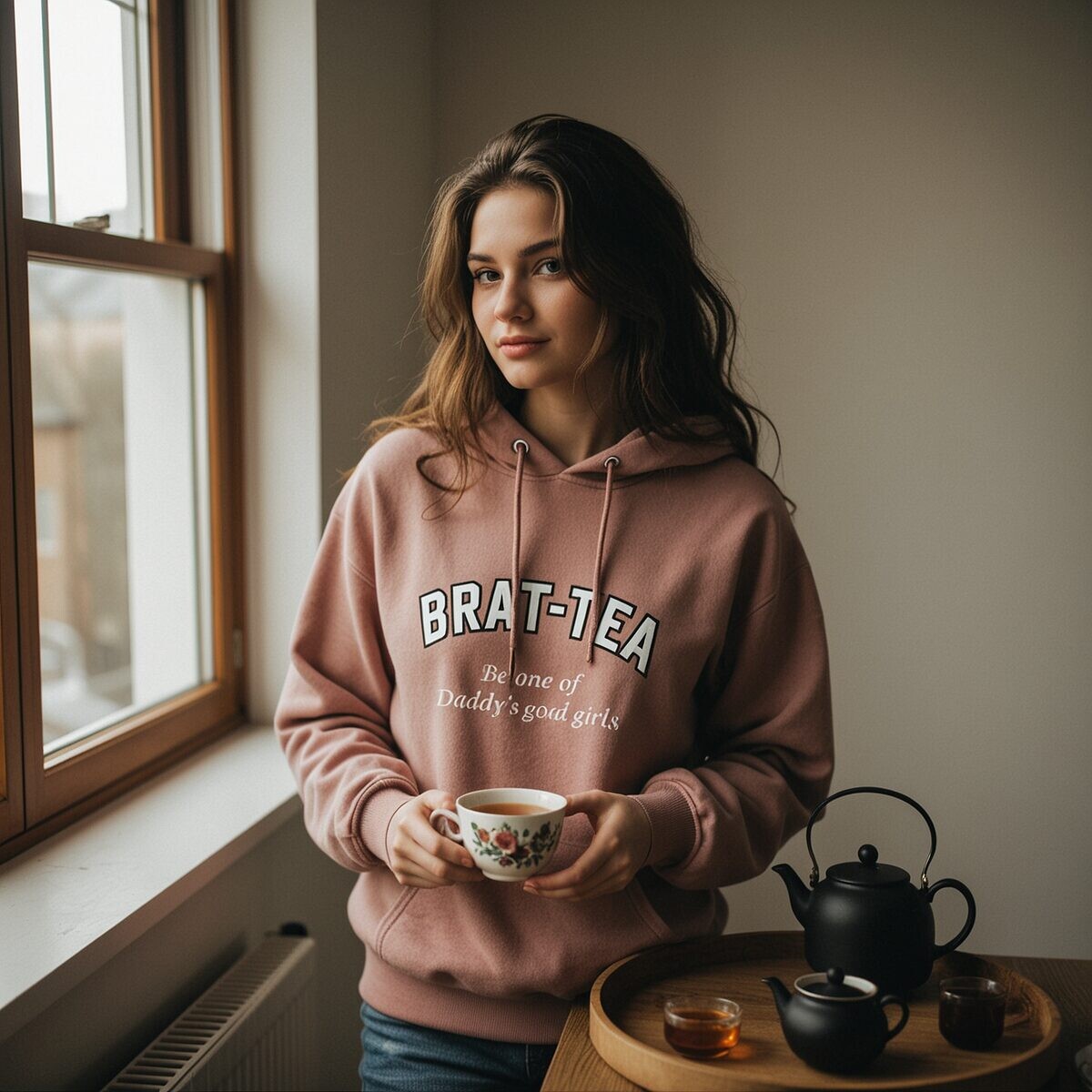 Youth-size BRAT-TEA tee reading Steeped in Mischief, overlapping the adult tee.