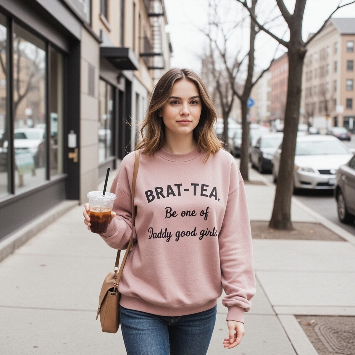 Street-style shot: a woman in a dusty-pink BRAT-TEA sweatshirt and jeans walks a city sidewalk with an iced coffee, autumn trees and parked cars behind.